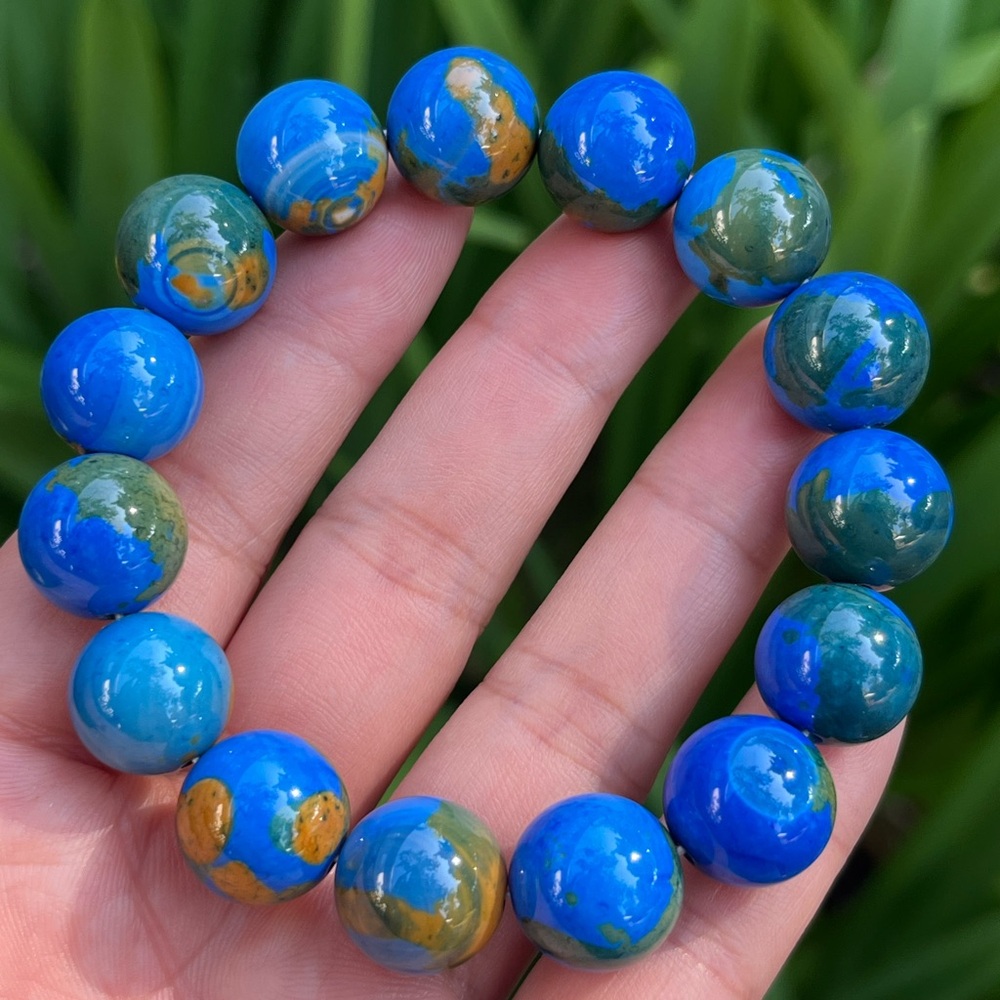 14mm stretchable blue earth pattern agate bracelet - Picture 6 of 13